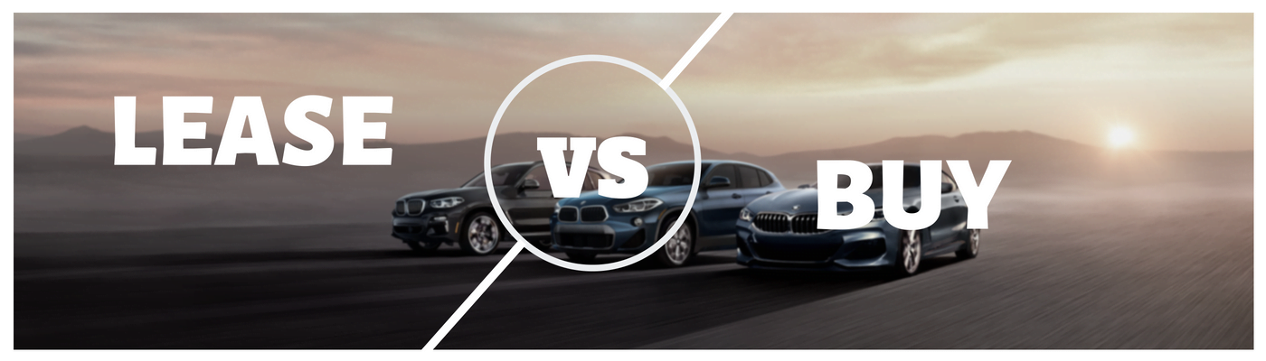 Illustration comparing leasing and buying BMWs, highlighting cost and term differences